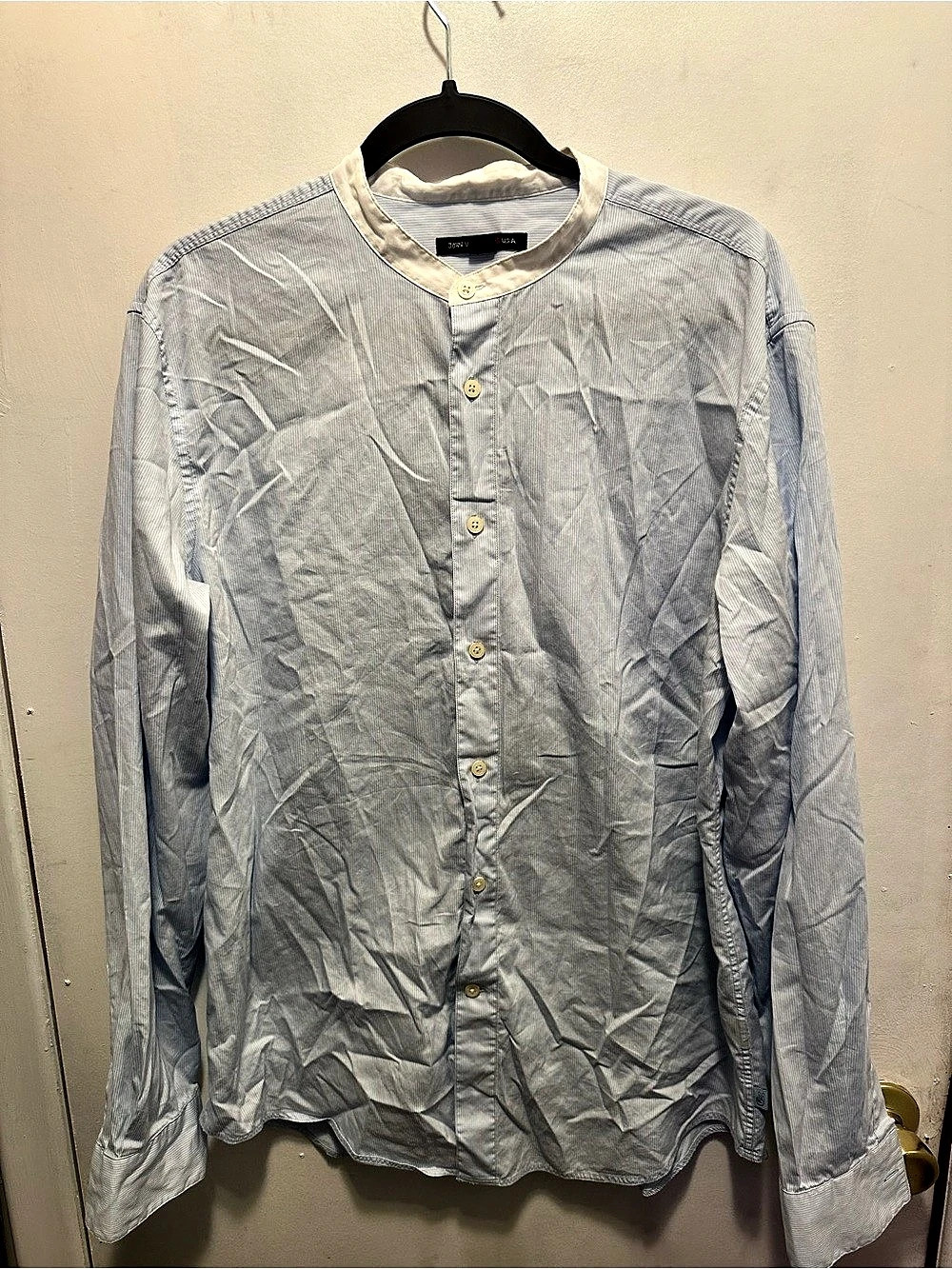 John Varvatos U.S.A. Blue White Stripe Band Collar Shirt – Men’s Large